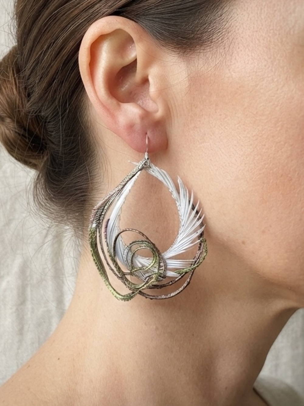 Handmade White Feather Wire Wrapped Earrings Boho Teardrop